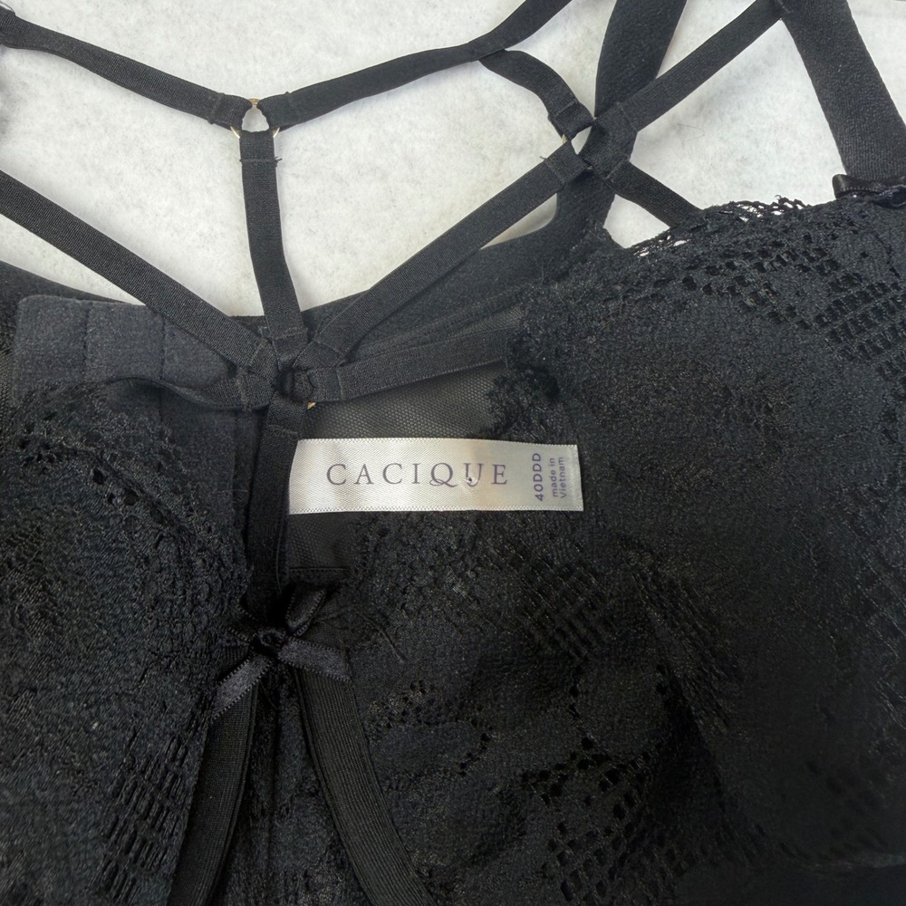 Cacique Black Lace Cage Strap Lightly Lined Balconette Bra 40DDD 610635, 1 Flaw - Picture 15 of 16